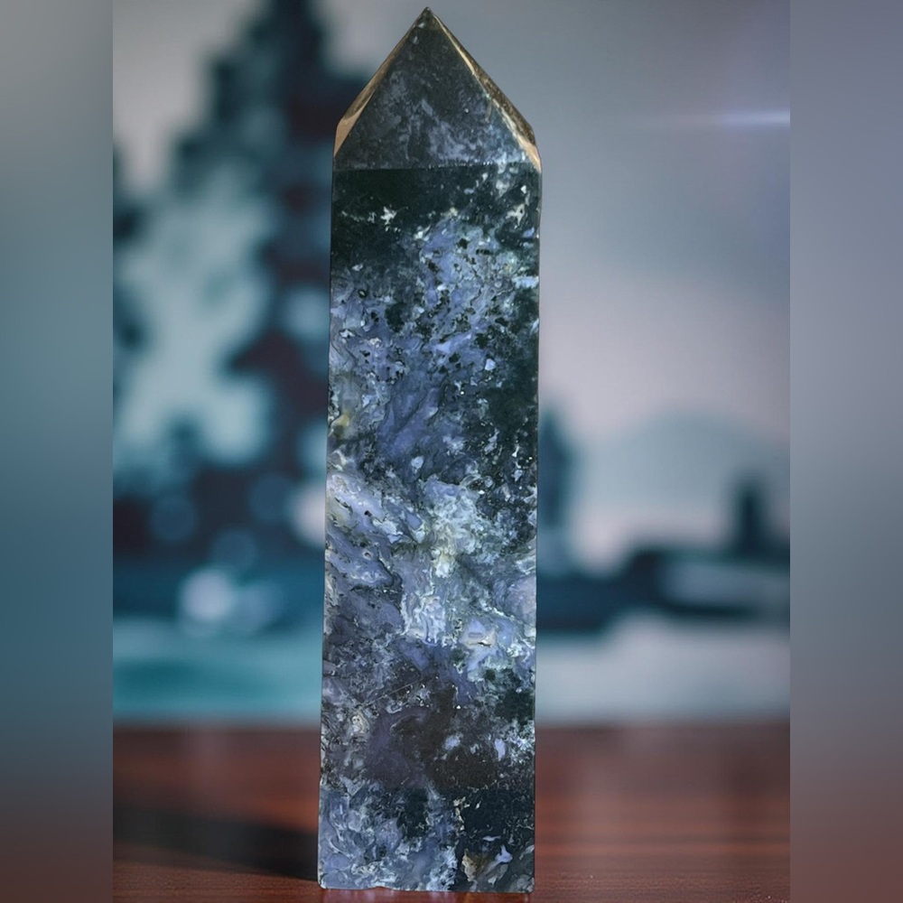 Green and Blue Moss Chunky Crystal Tower 9 1/2 inches tall